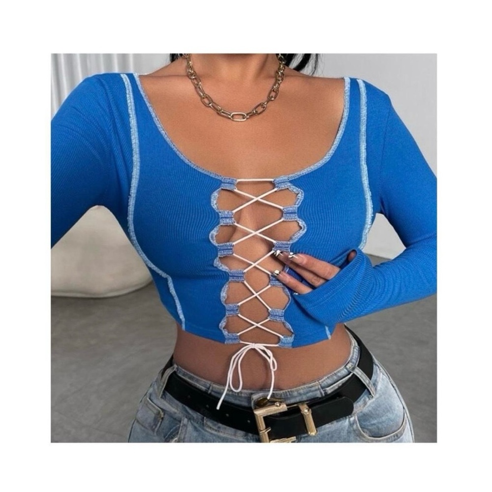 SHEIN Blue Lace-Up Crop Top